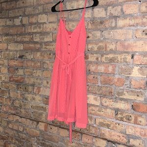 Salmon flowy sun dress with a tie around the waist